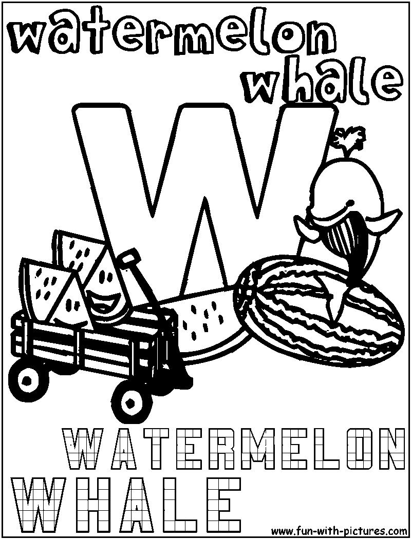 W Watermelon Whale Coloring Page 